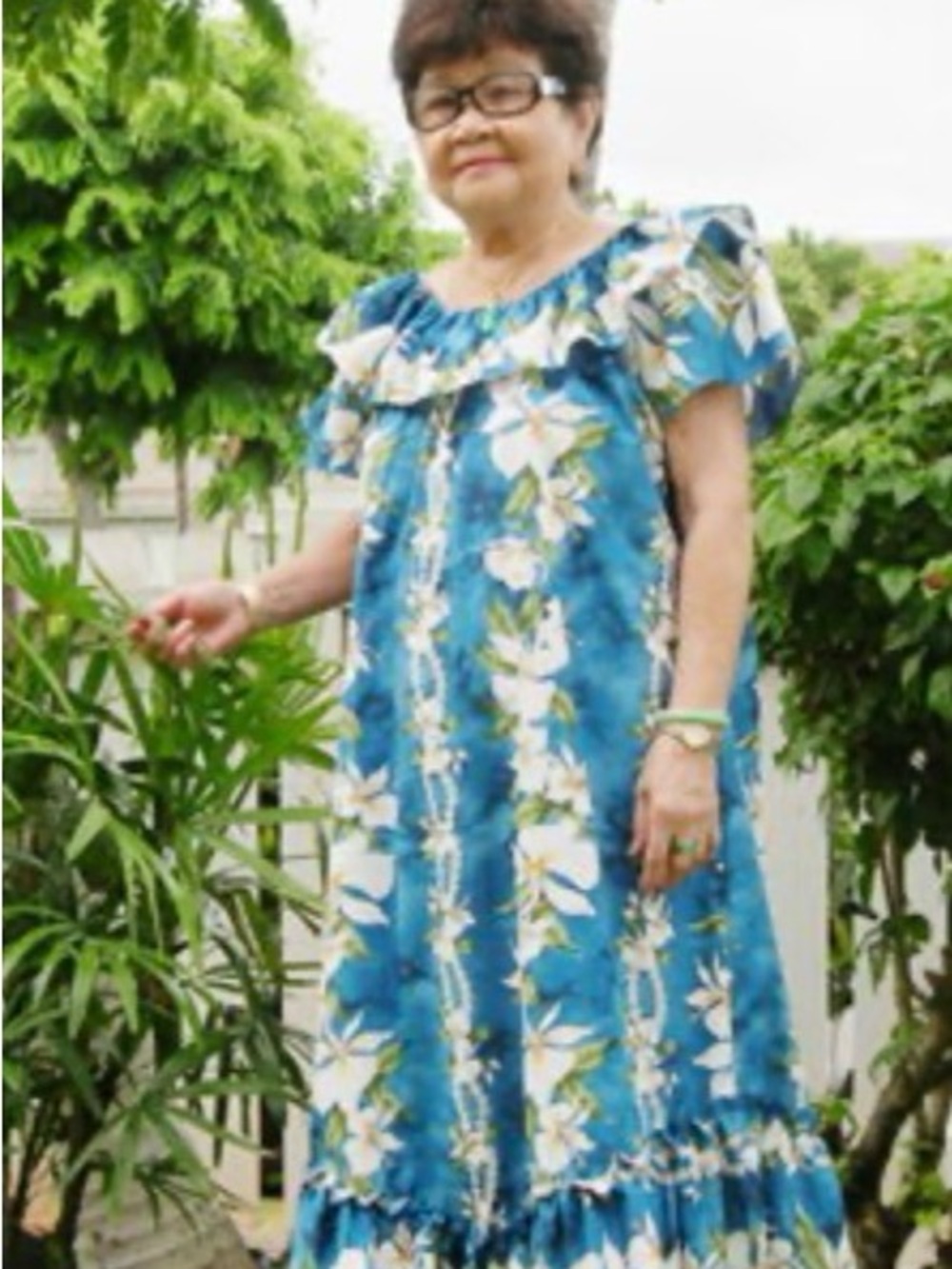 Jade Fashions Hawaii Double-Ruffle Blue Ginger MuuMuu sz L $85